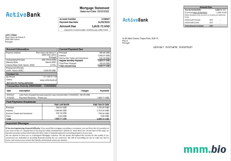 Portugalia Activobank wyciąg z kredytu hipotecznego w formatach Word i PDF